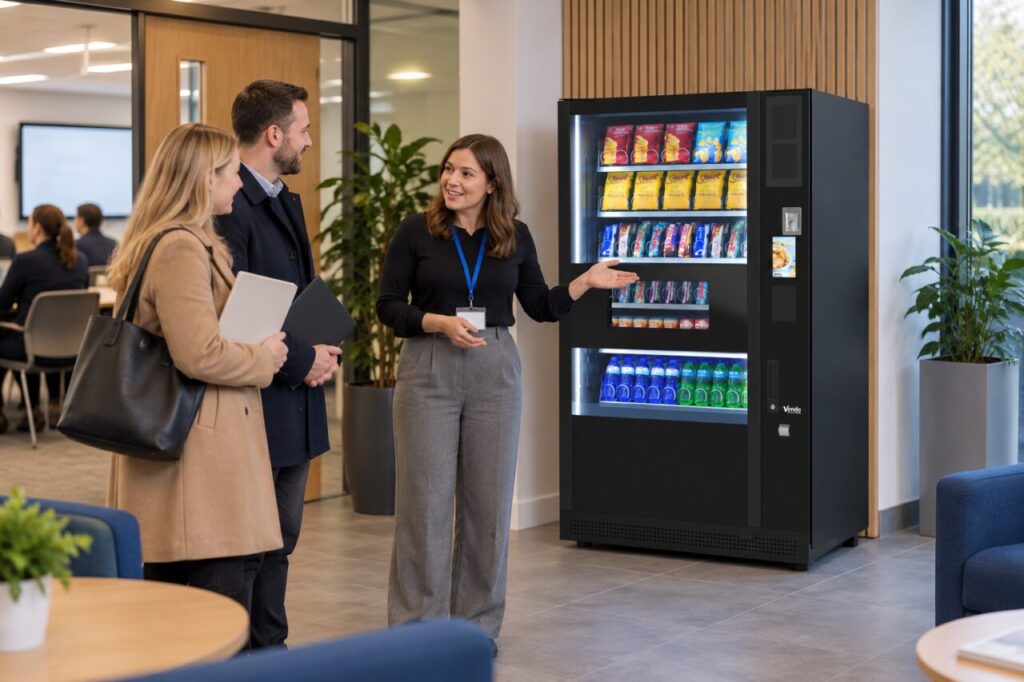 Training host explains vending arrangements to visiting colleagues