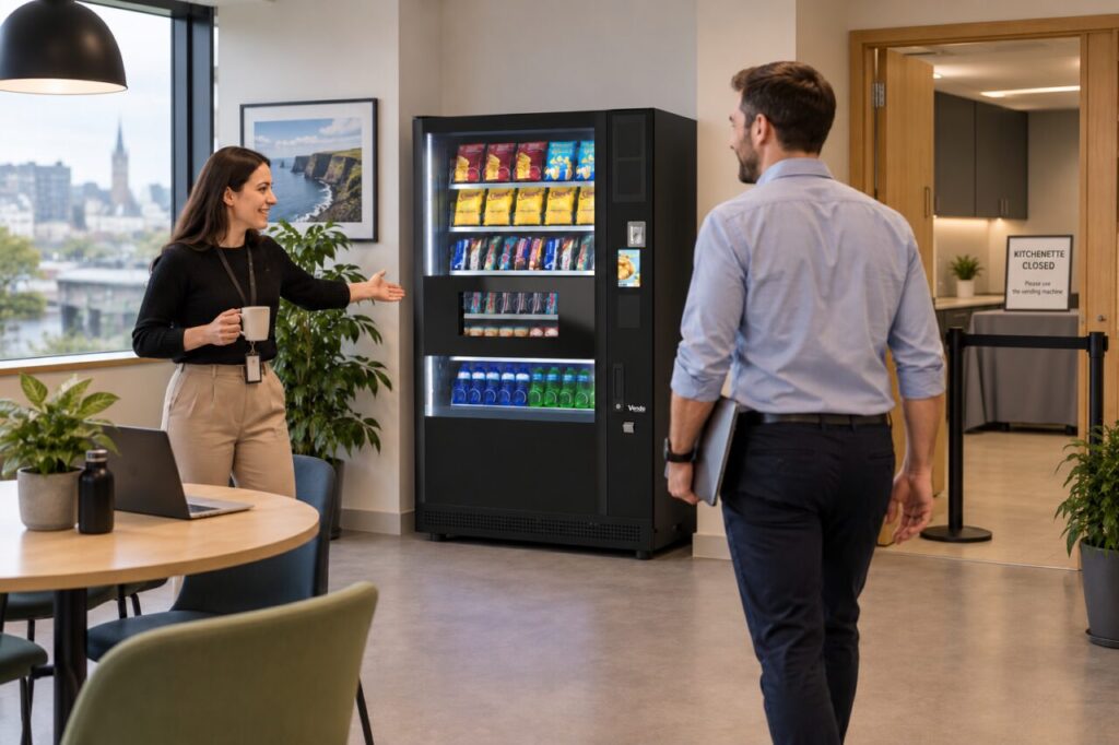 Office coordinator directs a colleague to vending while the kitchenette is closed