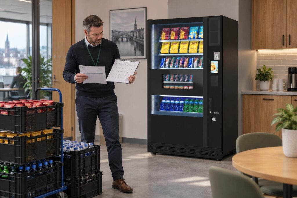 Owner compares a calendar and stock invoice beside a vending machine