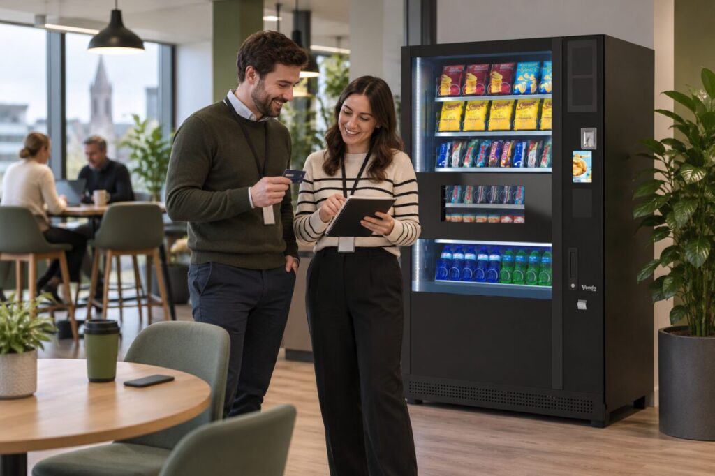 Two colleagues compare a payment card and purchase notes beside vending equipment
