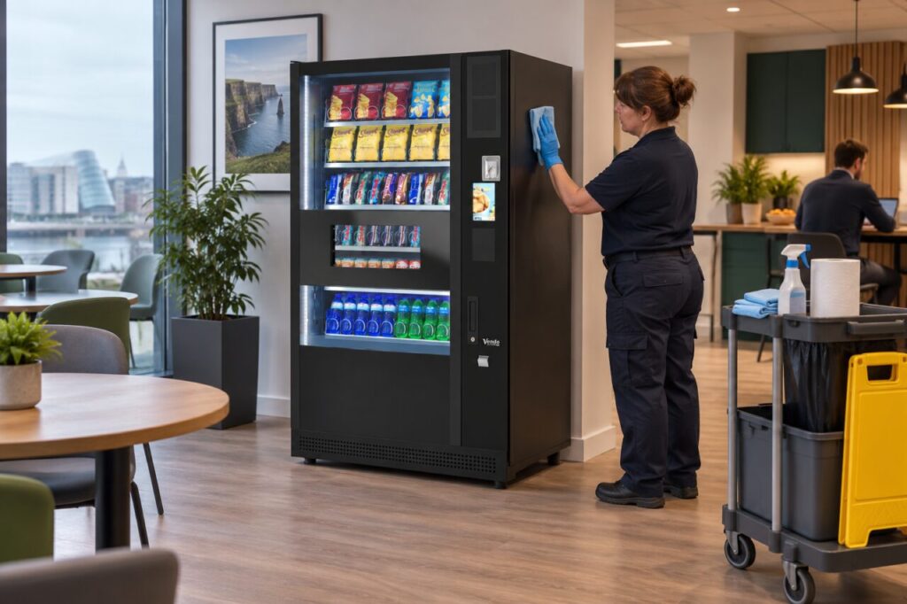 Cleaner wipes a closed vending side panel with a soft cloth