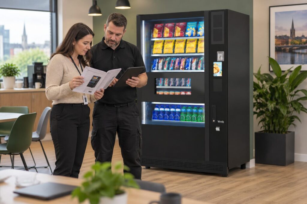 Buyer and trainer compare an operator manual and tablet beside a vending machine