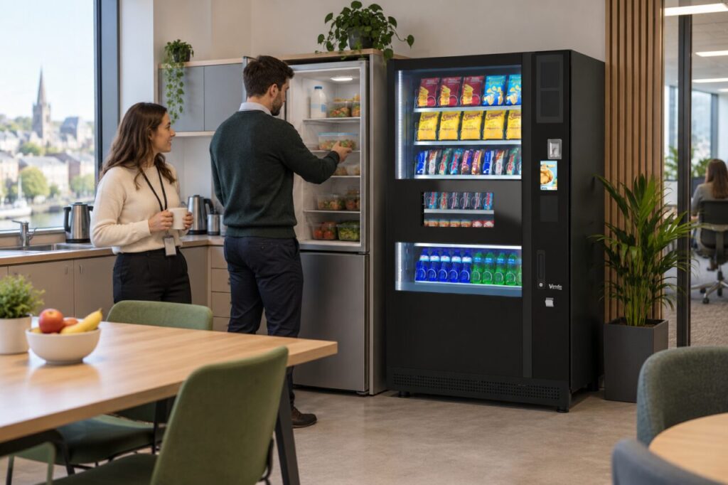 Colleague places a lunchbox in a shared fridge beside office vending