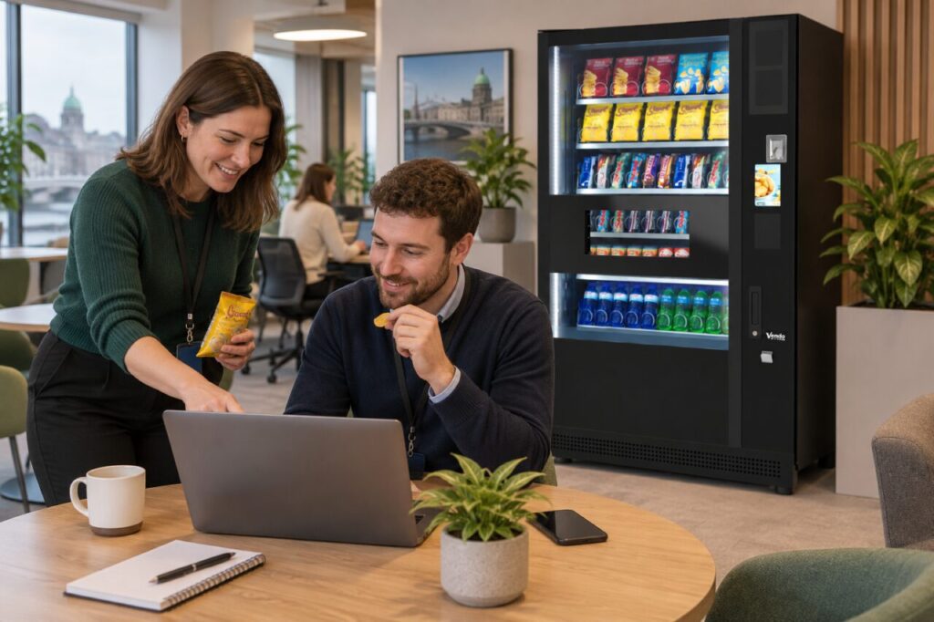 Colleagues review snack feedback on a laptop beside office vending