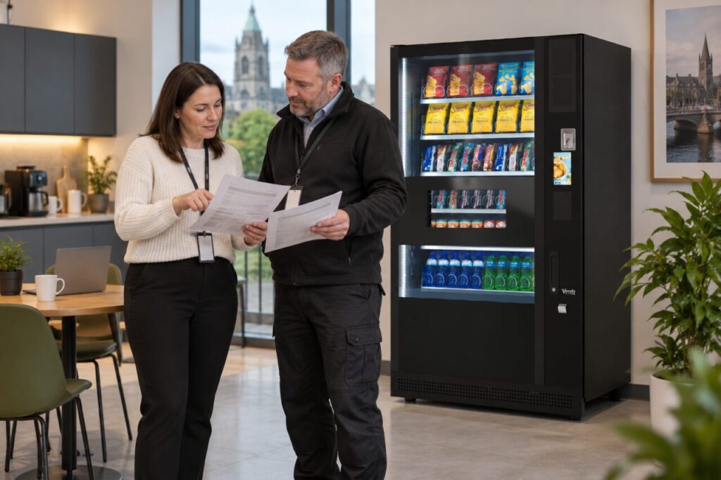 Accounts and facilities colleagues compare contact documents beside vending equipment
