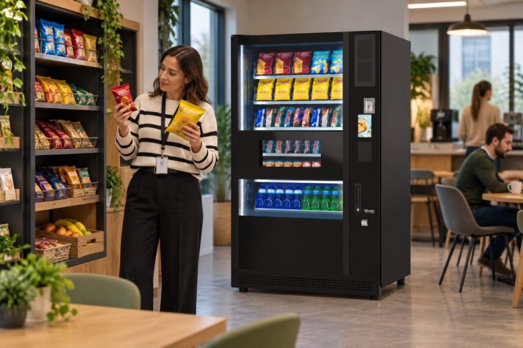 Customer compares snack packs between a micro-market shelf and vending machine