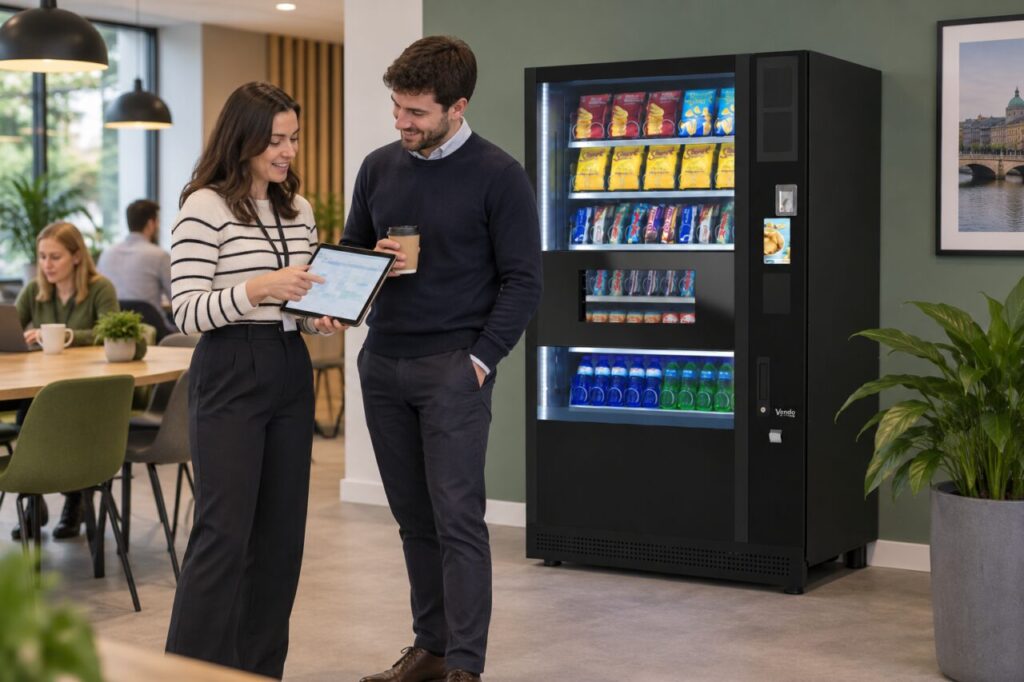 Coordinator explains a trial calendar beside a staff vending machine