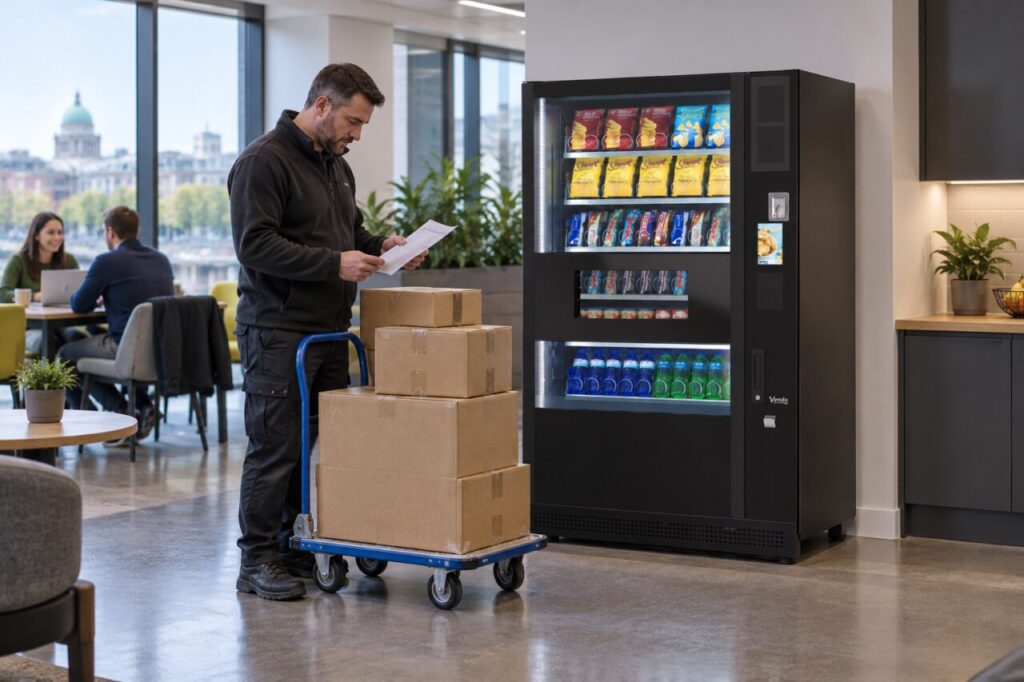 Operator reviews an order beside stock cases and a vending machine