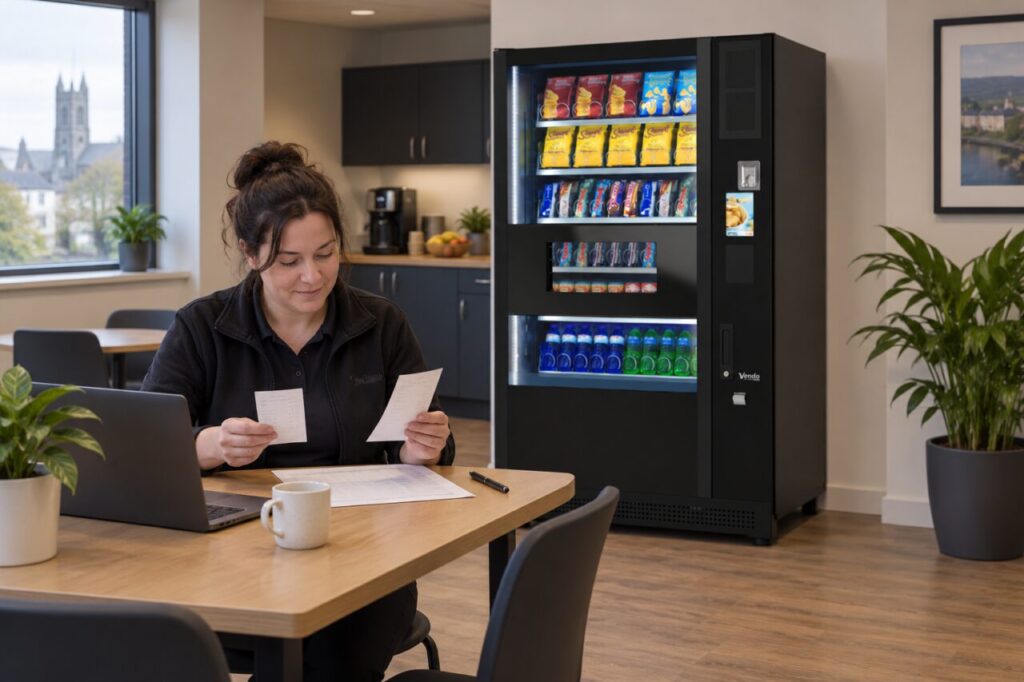 Operator compares two payout records with a sales sheet beside vending equipment