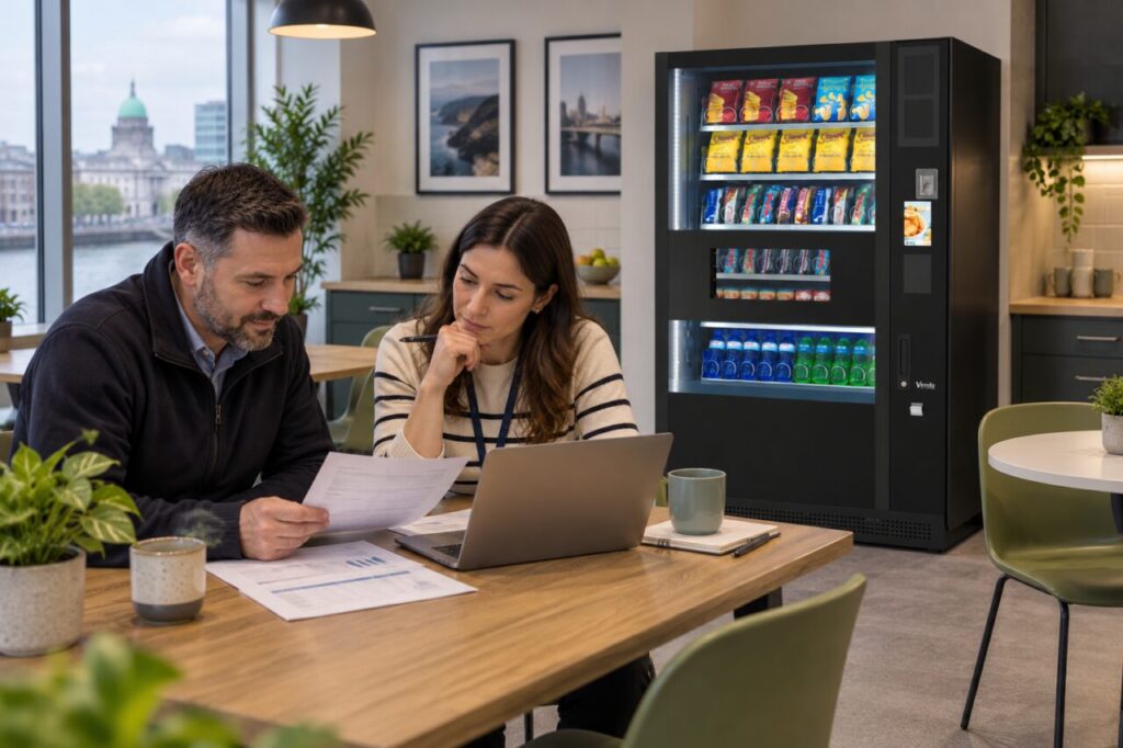 Colleagues compare a renewal notice and budget beside a vending machine
