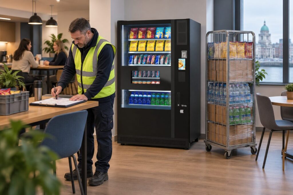 Operator updates a delivery planner beside stock and a vending machine