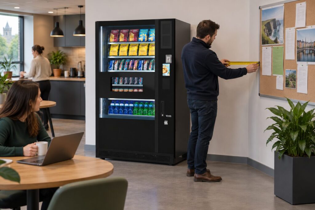 Planner measures wall space between vending equipment and a noticeboard