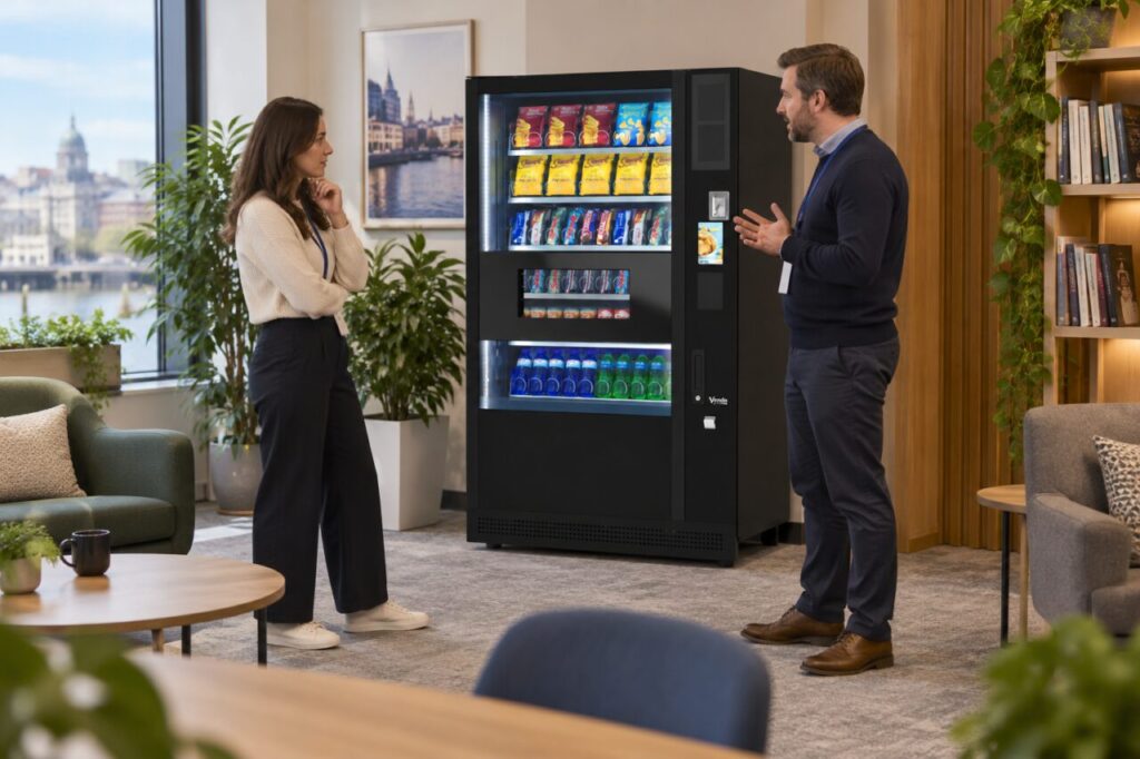 Buyer discusses operating sounds beside a vending machine in a quiet lounge