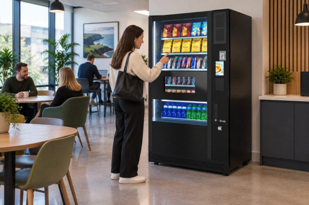 Customer checks selection information through vending machine glass