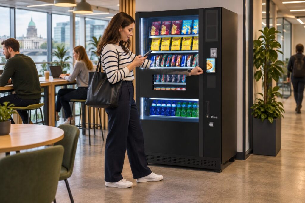 Customer checks a phone while holding a smartwatch near vending controls