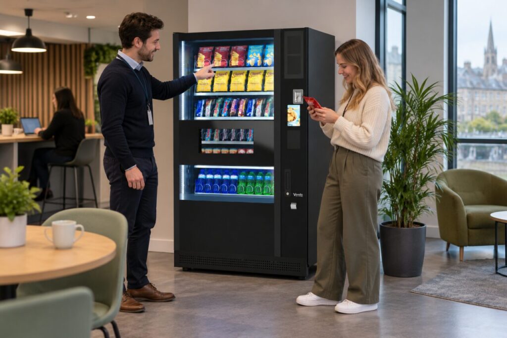 Customer reads a snack wrapper while a host points to the vending selection