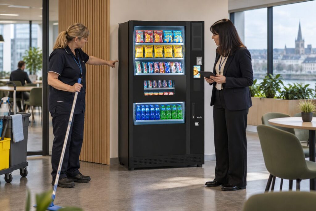 Cleaner reports an exterior panel concern to a supervisor beside vending equipment