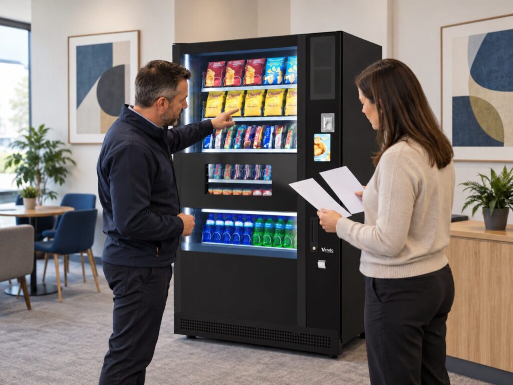 Buyer compares demonstration results with an order beside a vending machine