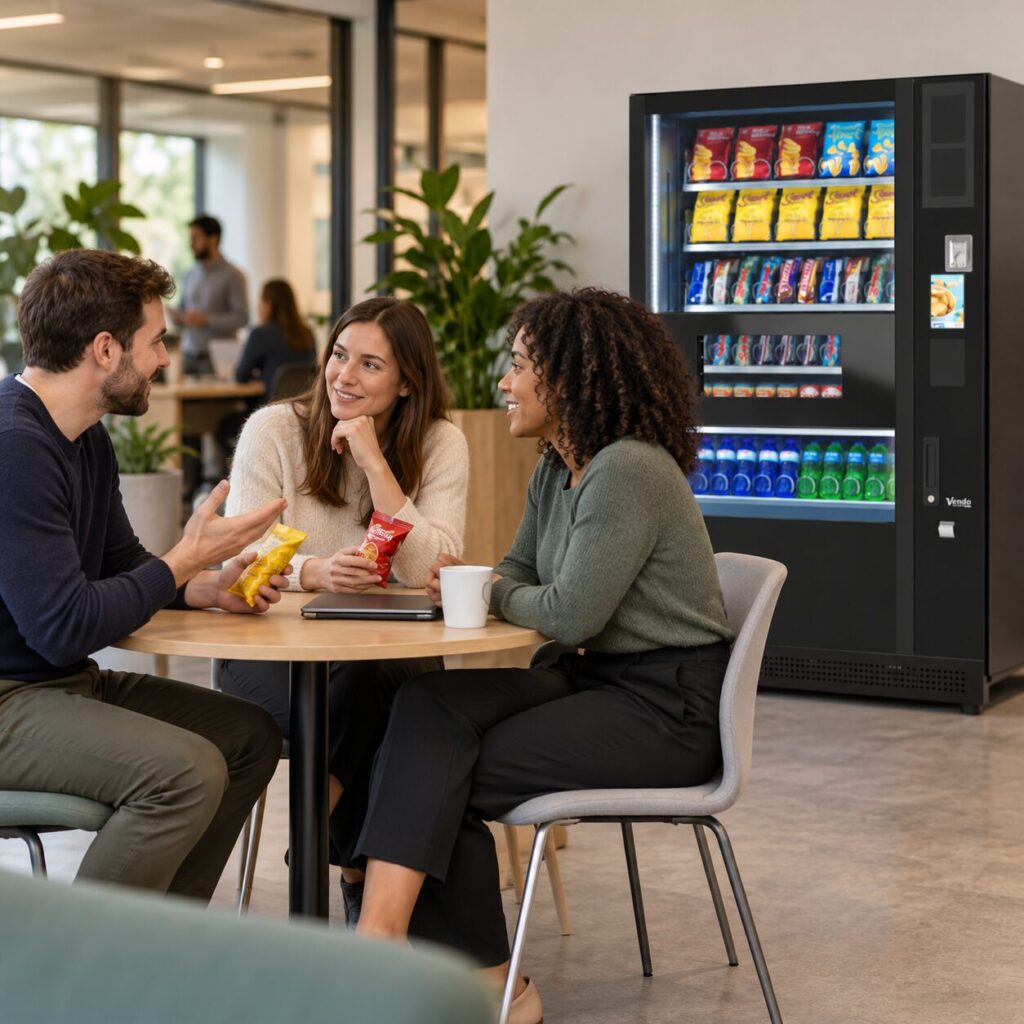 Colleagues discuss snack prices beside office vending