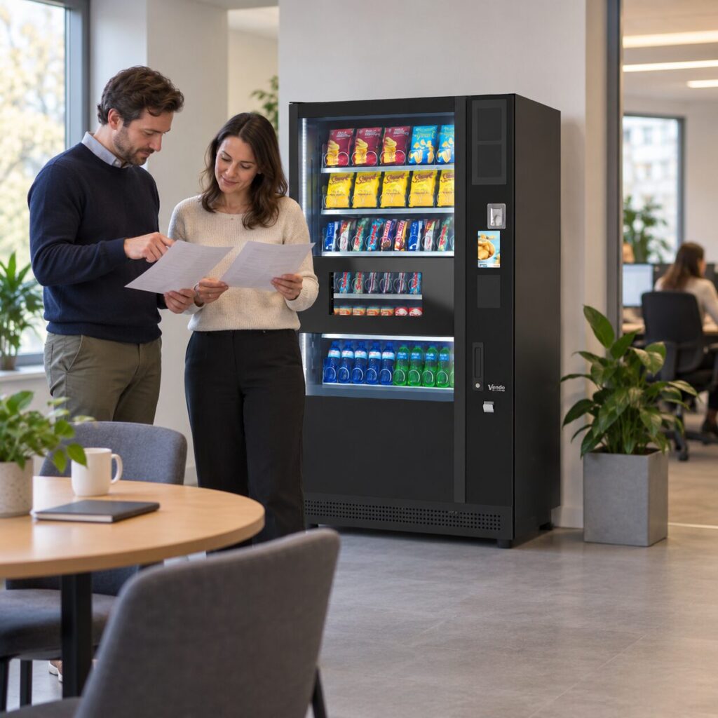 Administrators compare cost allocation records beside vending equipment