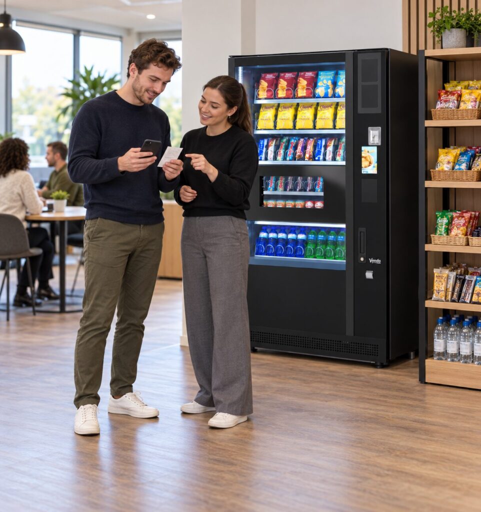 Customer checks a receipt and phone beside vending and micro-market shelving