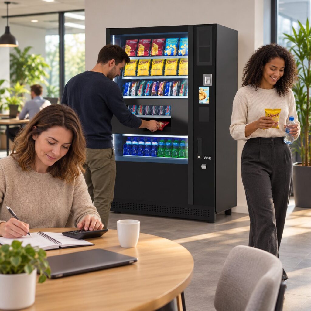 Manager reviews a staff budget as colleagues use vending