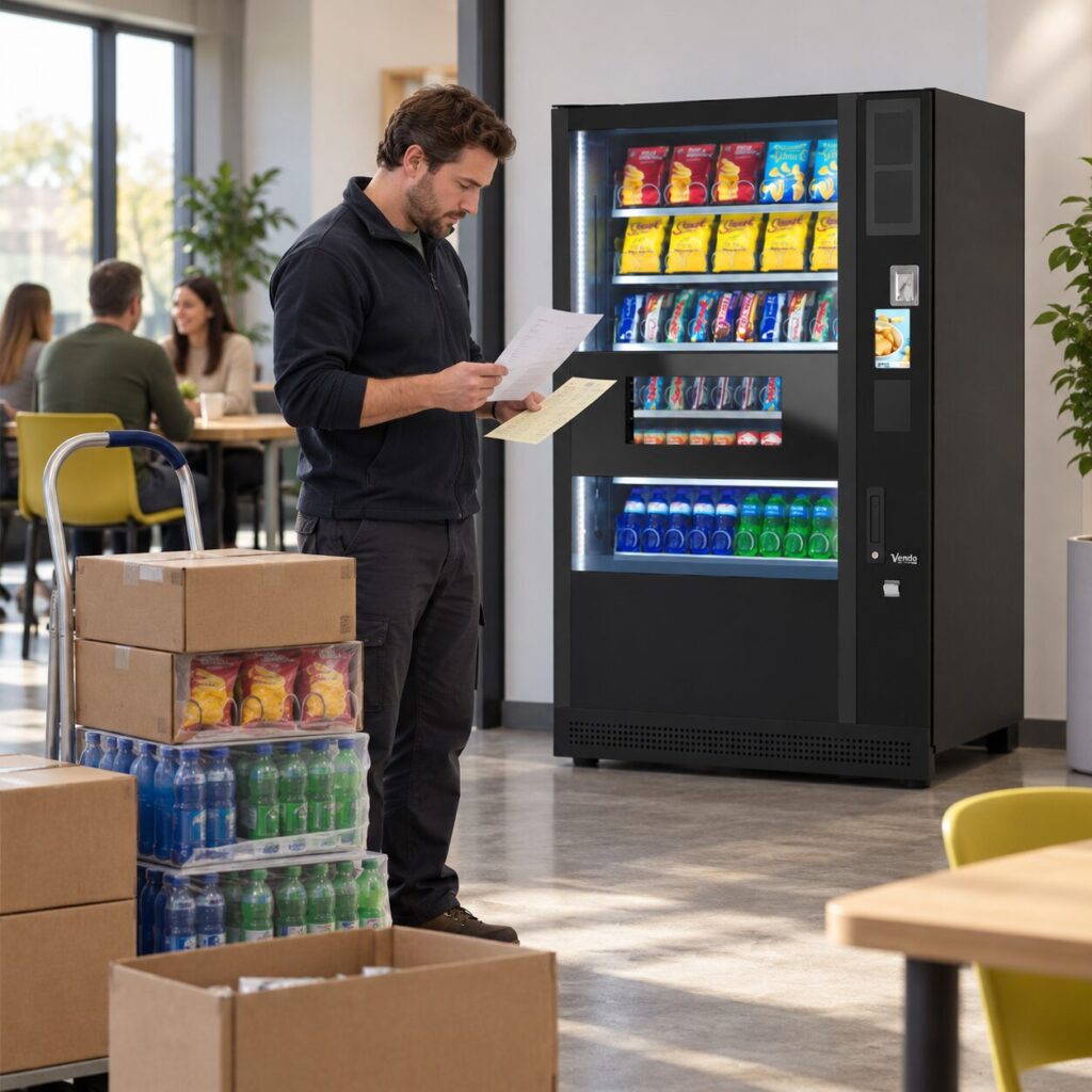 Operator matches invoice and credit records beside vending stock