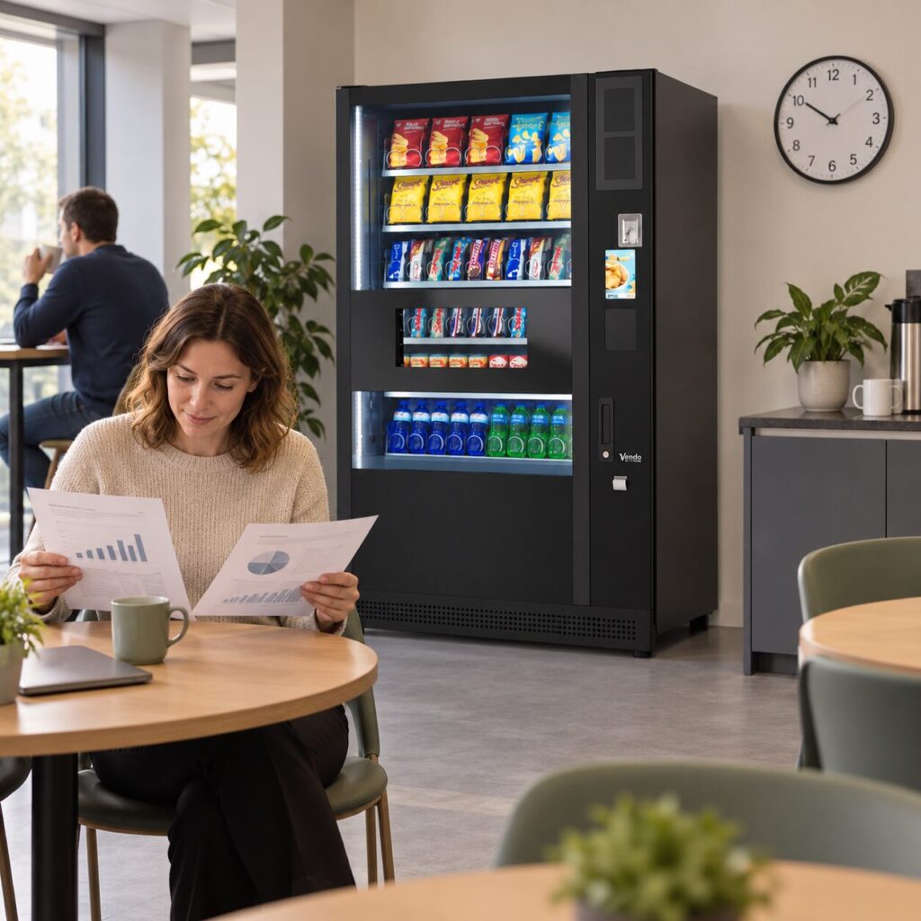 Operator compares reporting periods beside a vending machine and clock