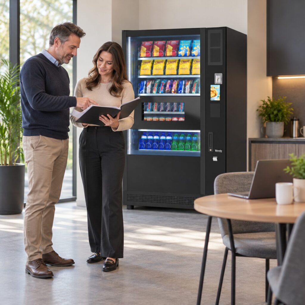 Owner reviews deposit terms and a forecast beside vending equipment