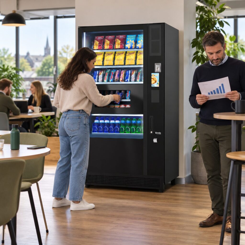 Operator reviews a sales chart while a customer selects a snack
