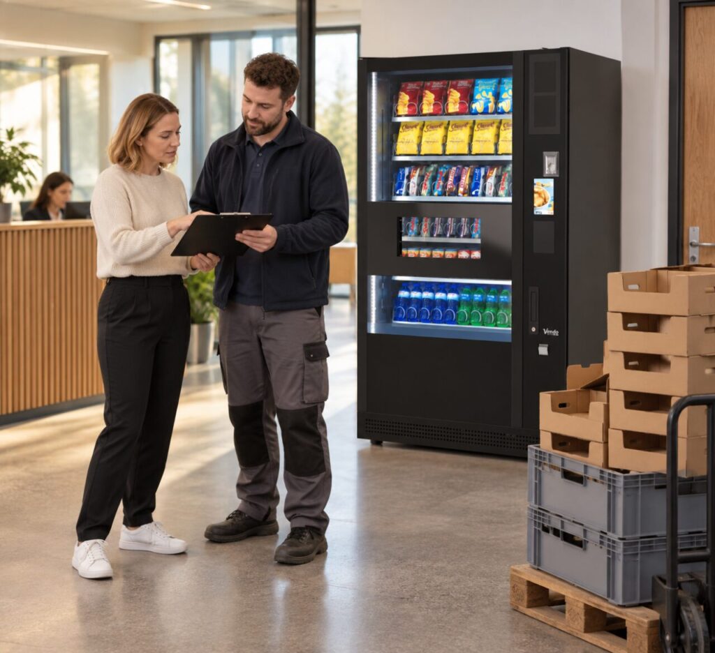Site colleagues coordinate delivery beside vending equipment and packaging