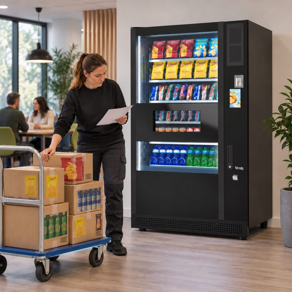 Operator prepares stock on a trolley while checking a route plan beside vending