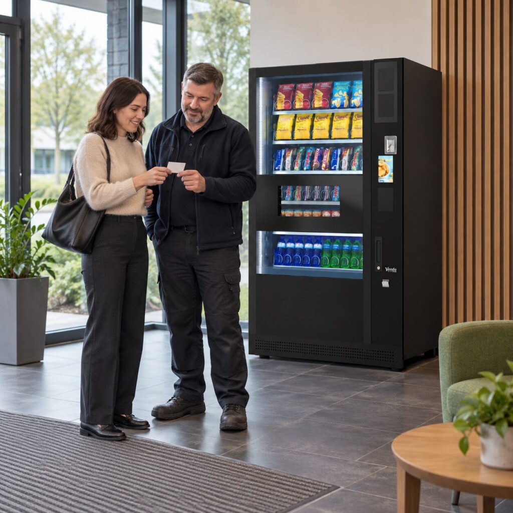 Buyer and caretaker review a support contact beside lobby vending