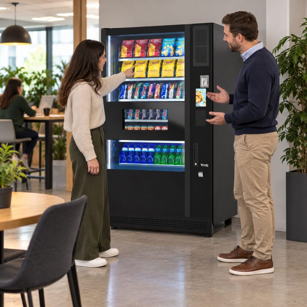 Host explains product positions to a customer at a vending machine