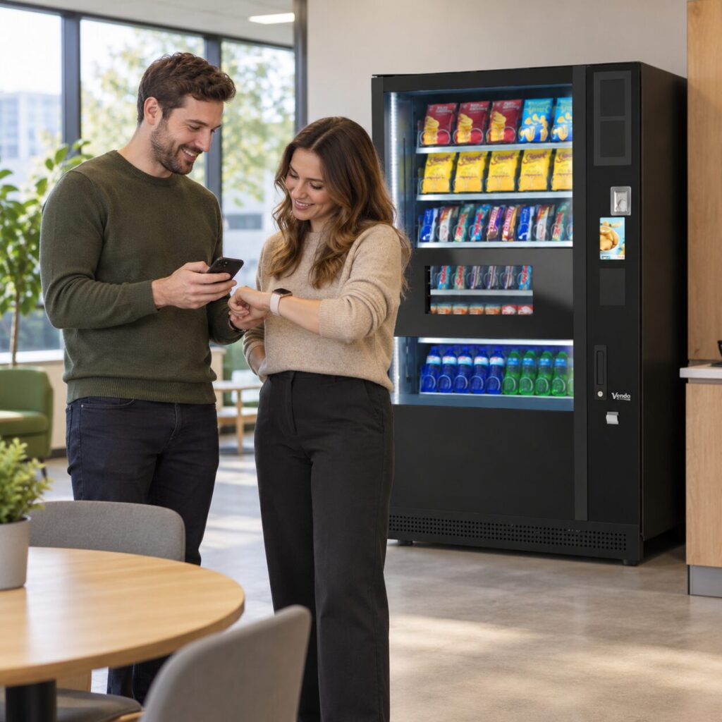 Customer compares a payment record and watch beside vending equipment
