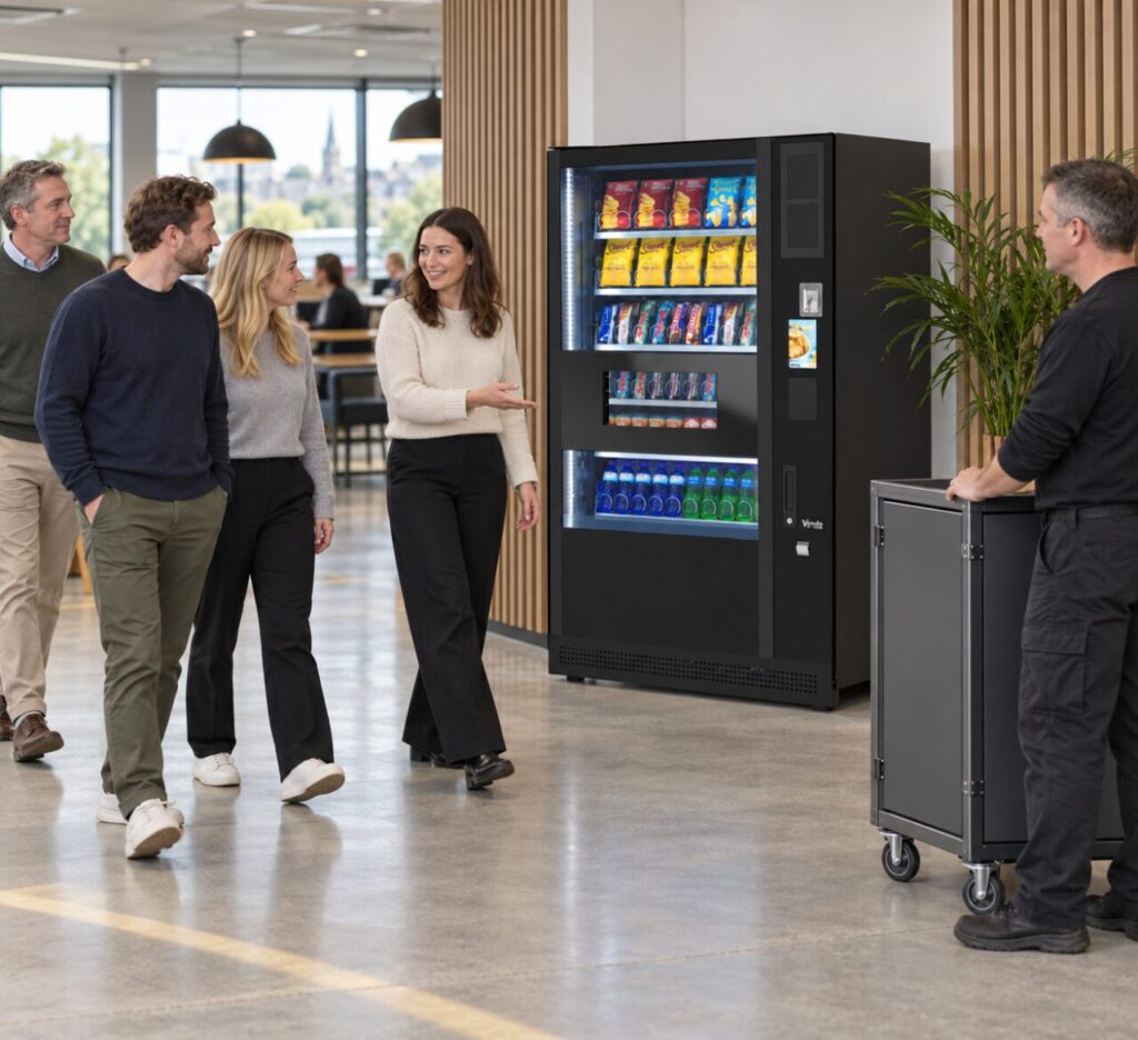 Host guides visitors past vending while an operator waits with a trolley