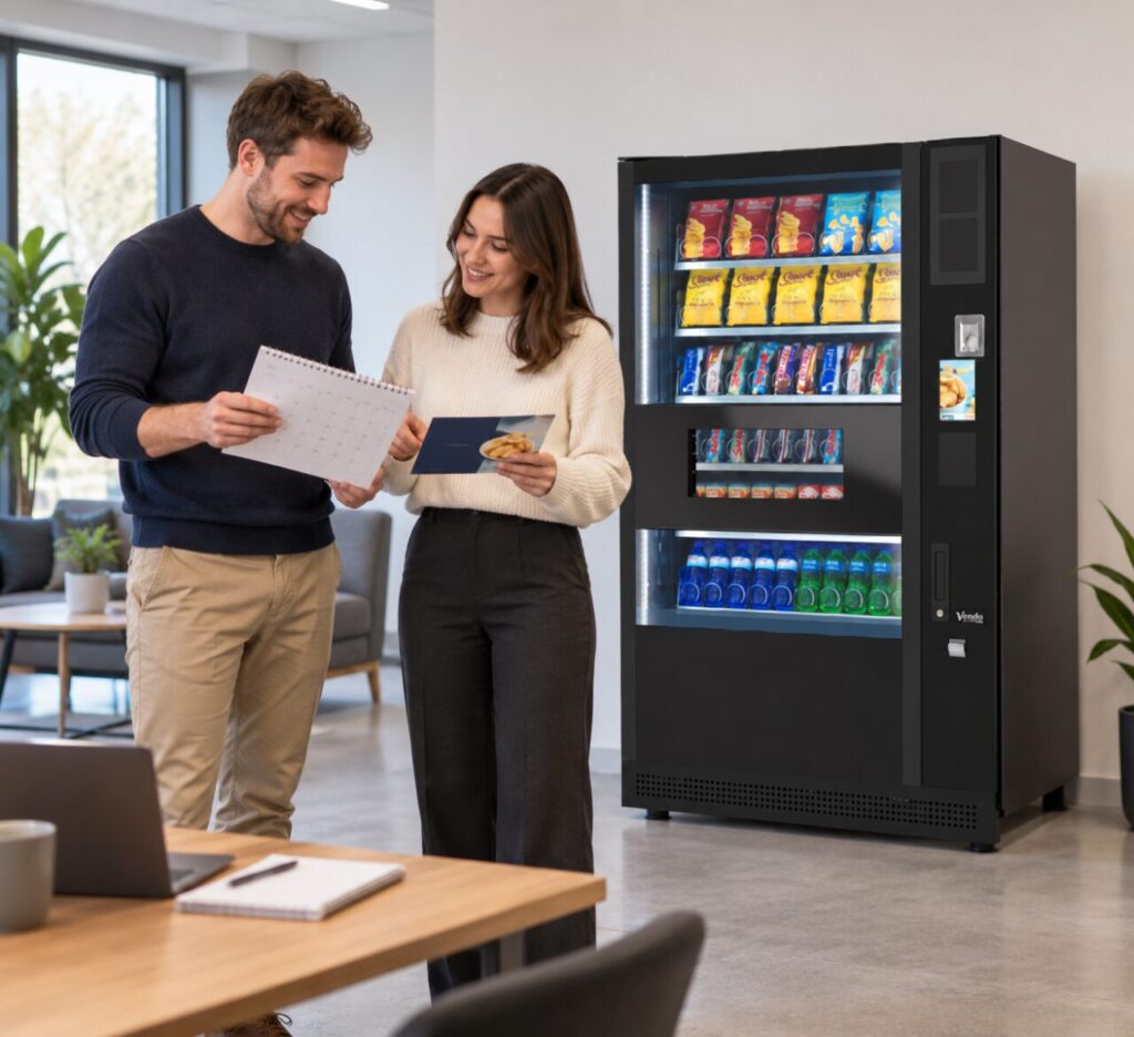 Colleagues compare a delivery calendar and launch plan beside vending