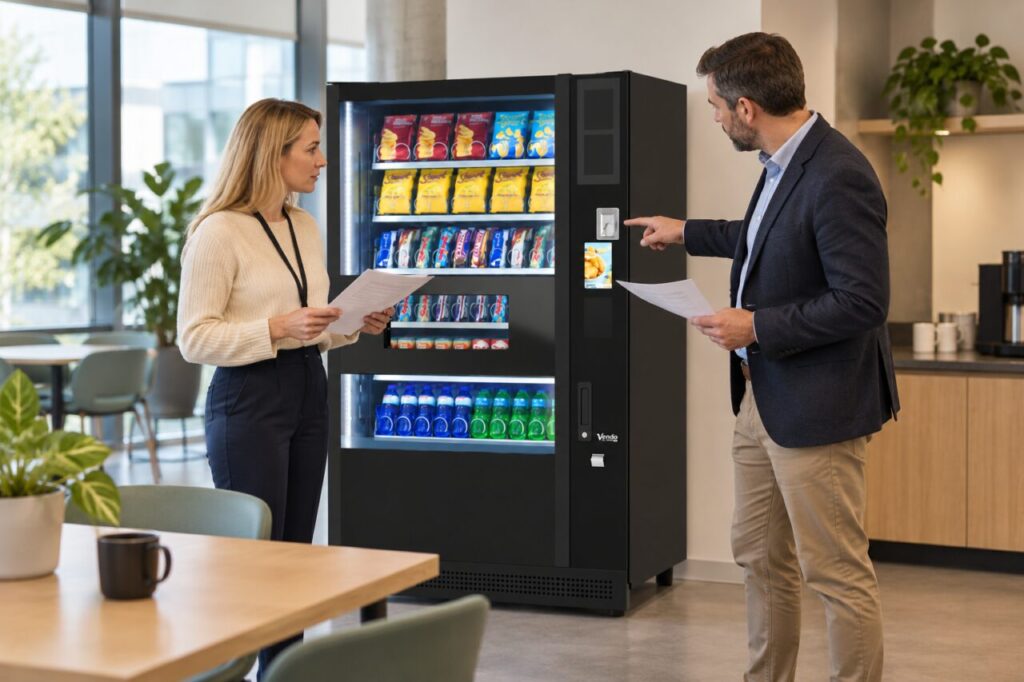 Buyer and supplier compare revised equipment specifications beside vending