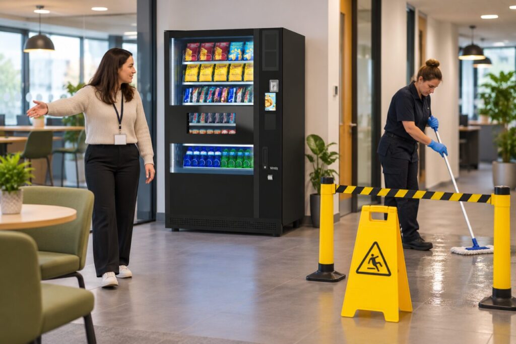 Cleaner and host coordinate a temporary floor closure beside vending