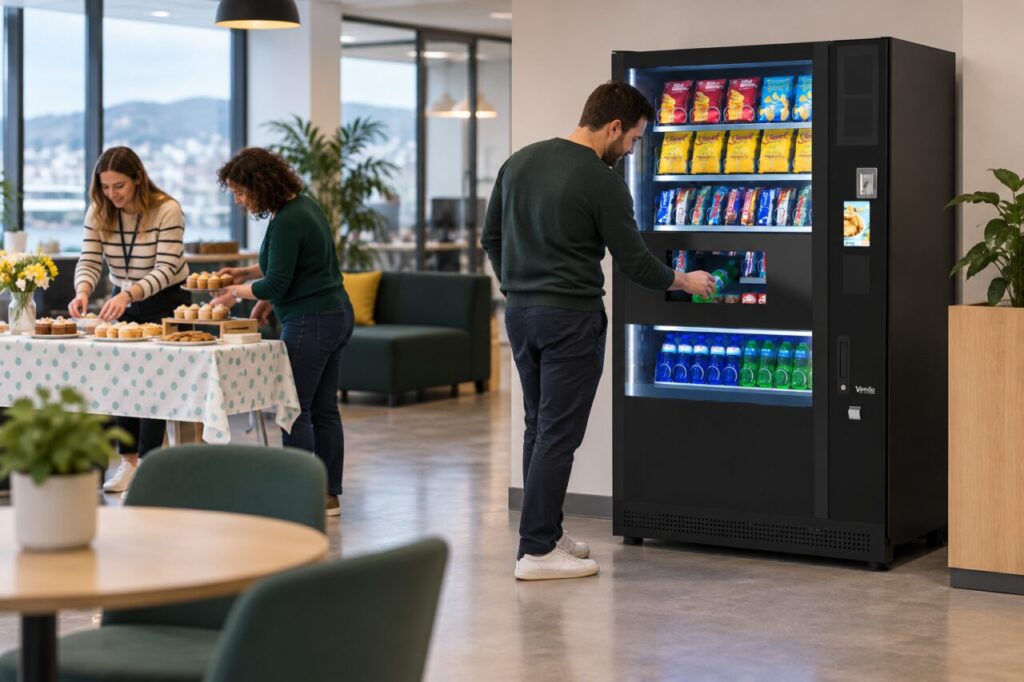 Colleagues organise a snack fundraiser while a customer collects a vending drink