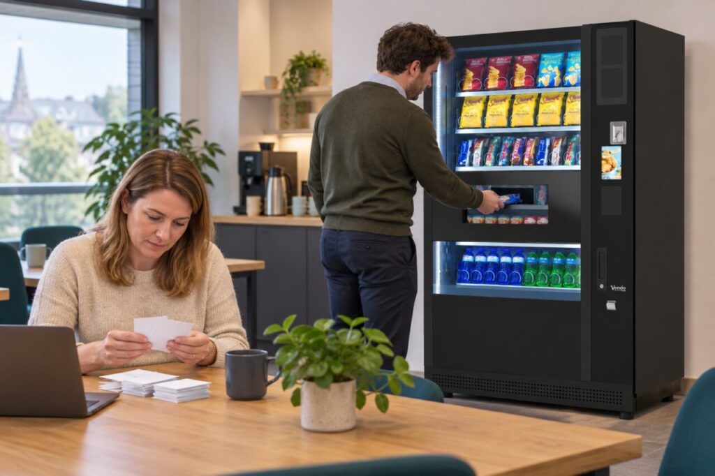 Manager reviews anonymous feedback cards beside office vending