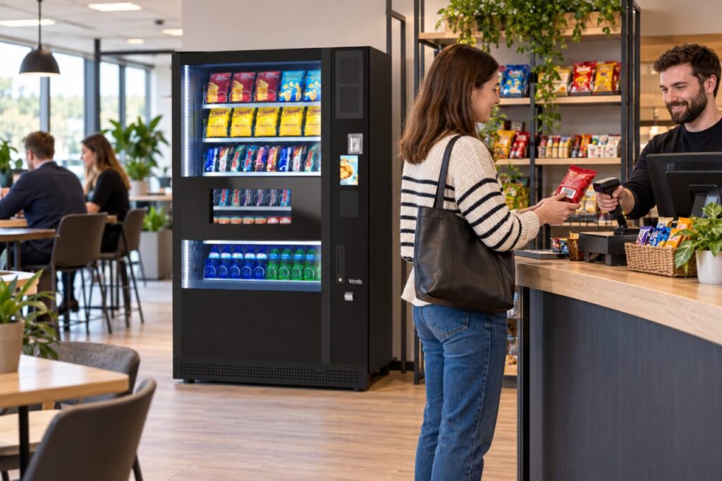 Customer asks for help checking a snack barcode beside vending and market shelves