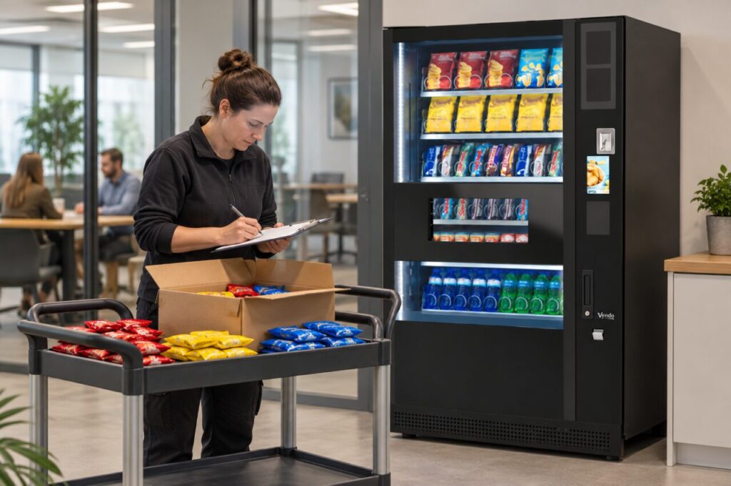 Operator counts mixed-case snack varieties beside a vending machine
