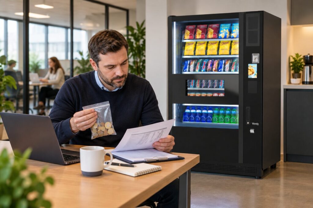 Owner compares cash collection and payment records beside vending