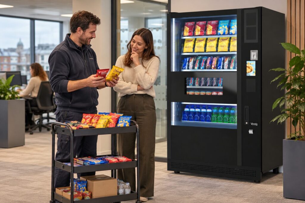 Operator discusses candidate snacks and availability beside vending