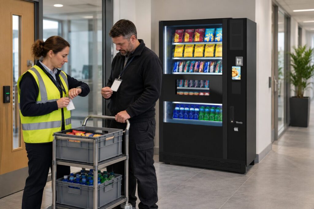 Site escort meets a vending operator and checks the visit timing
