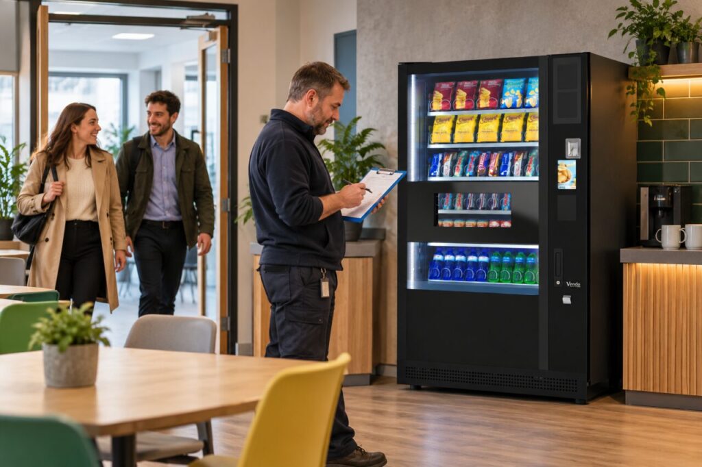 Manager reviews reopening plans beside vending as staff arrive