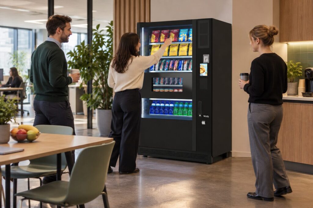 Colleagues check the customer approach to a repositioned vending machine