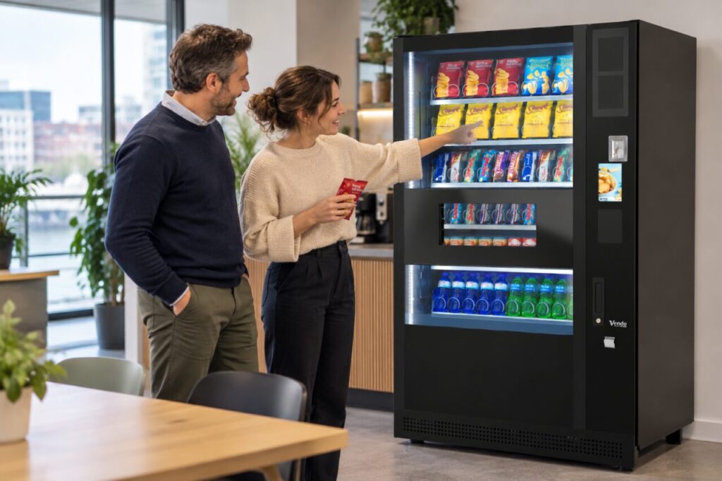 Customer compares a received snack with the selection in the vending window