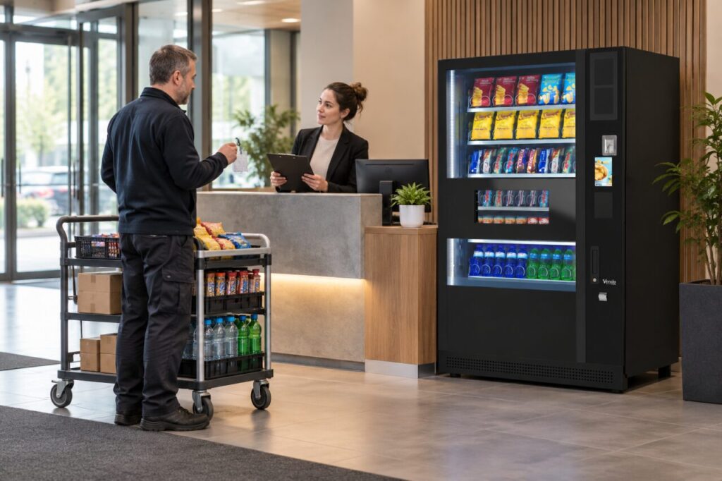 Vending operator registers with reception before a service visit